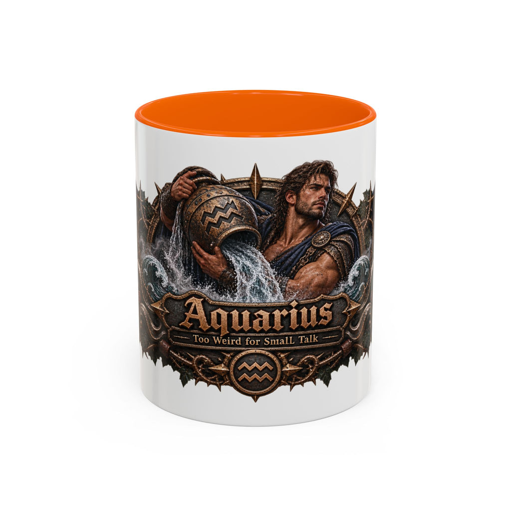 Aquarius Bronze Zodiac accent coffee mug, 11oz, white with orange interior and handle