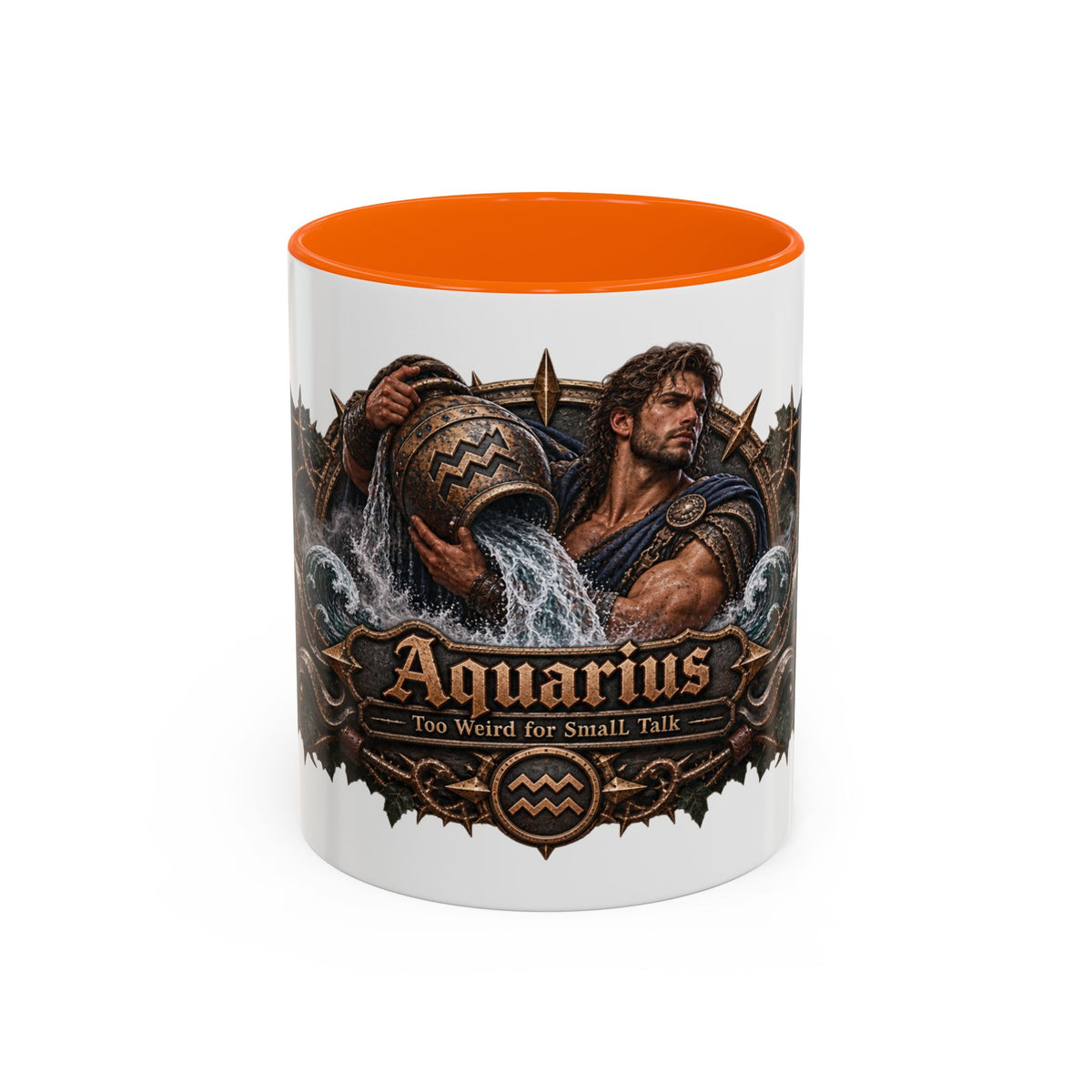 Aquarius Bronze Zodiac accent coffee mug, 11oz, white with orange interior and handle
