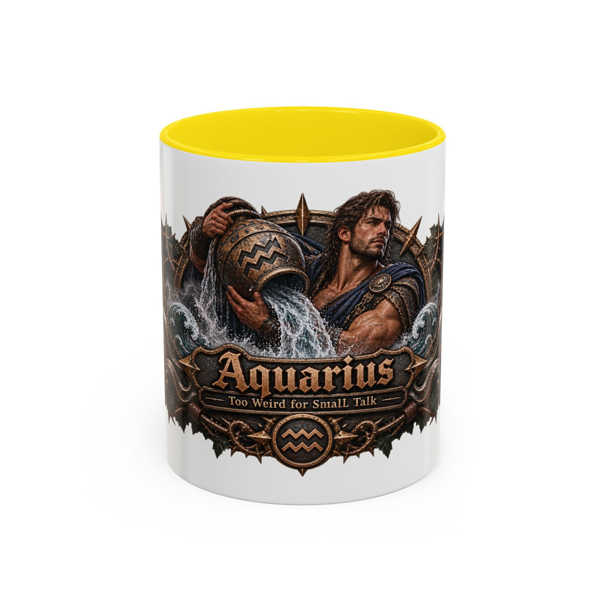 Aquarius Bronze Zodiac accent coffee mug, 11oz, white with yellow interior and handle