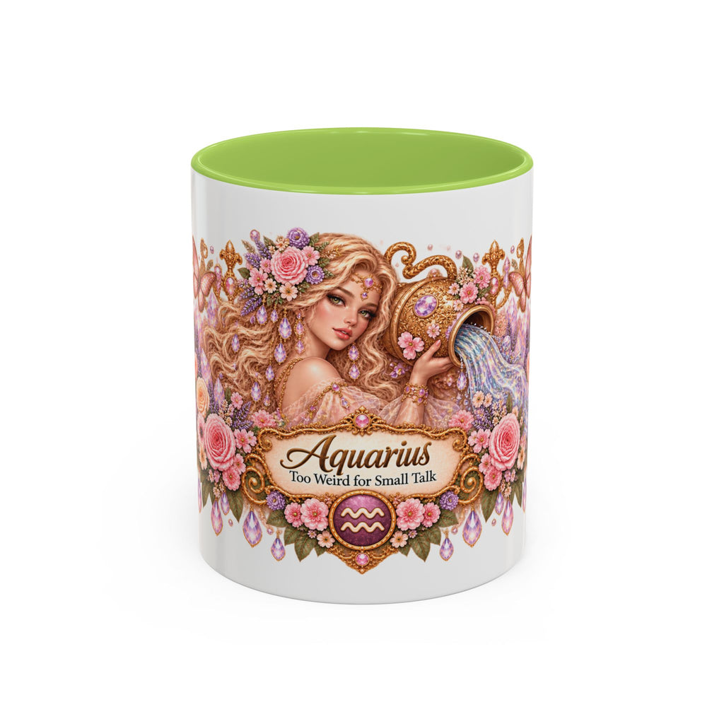 Aquarius Floral Zodiac accent coffee mug, 11oz, white with light green interior and handle