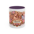 Aquarius Floral Zodiac accent coffee mug, 11oz, white with purple interior and handle