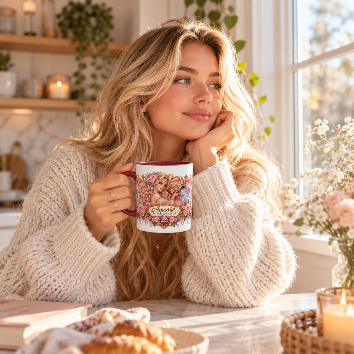 Aquarius Floral Zodiac accent coffee mug in a cozy lifestyle photo