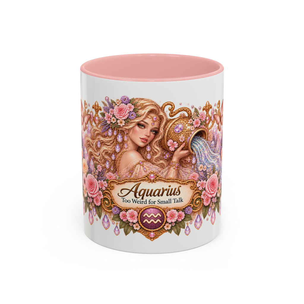 Aquarius Floral Zodiac accent coffee mug, 11oz, white with pink interior and handle