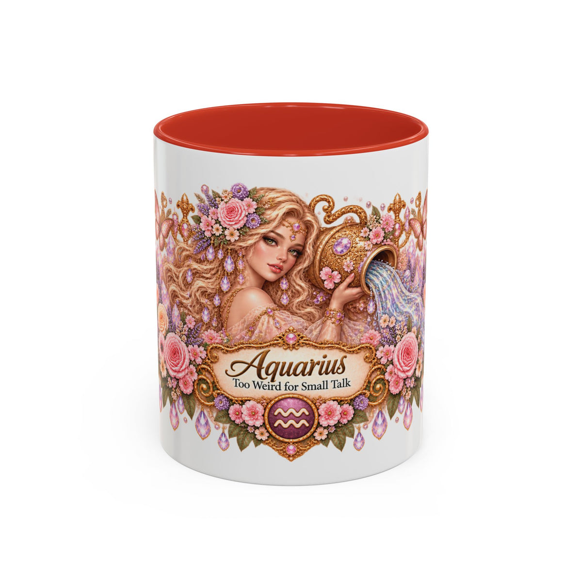 Aquarius Floral Zodiac accent coffee mug, 11oz, white with red interior and handle