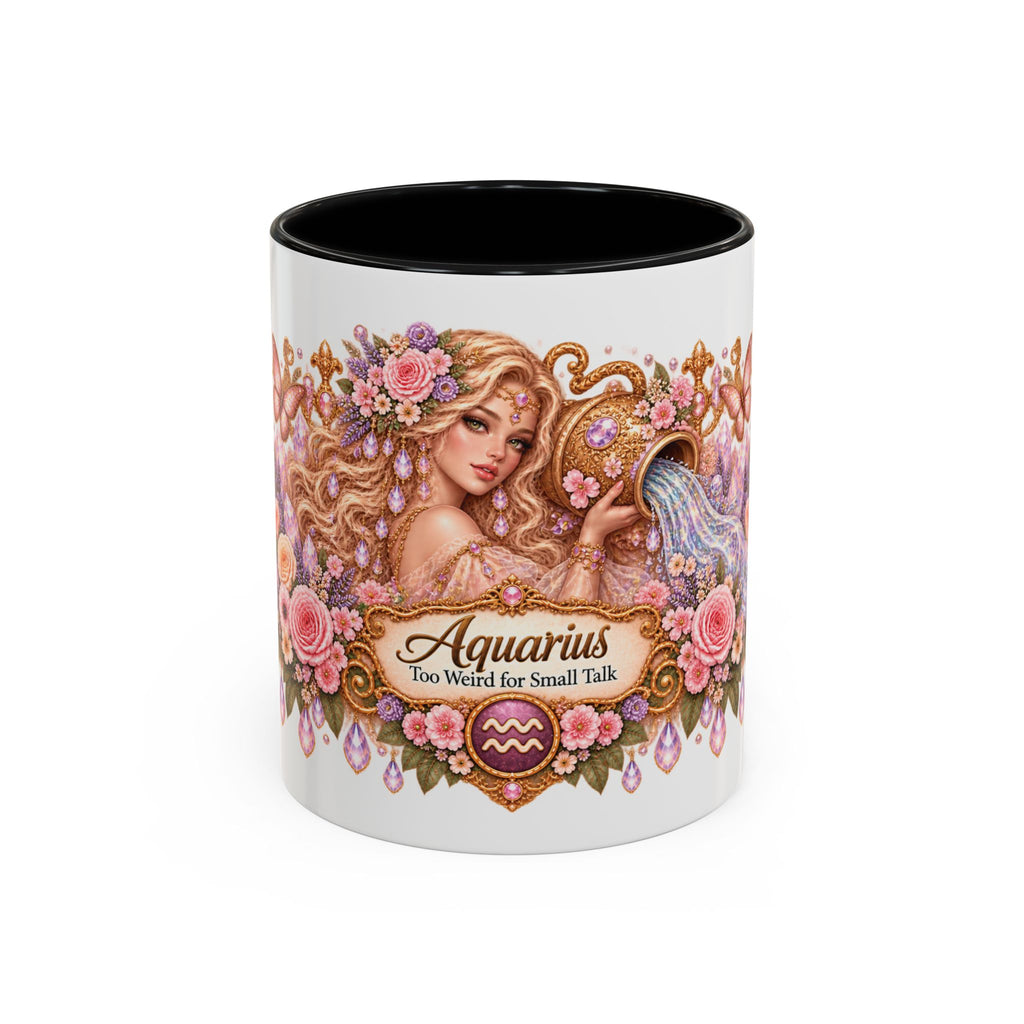 Aquarius Floral Zodiac accent coffee mug, 11oz, white with black interior and handle
