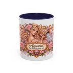 Aquarius Floral Zodiac accent coffee mug, 11oz, white with navy interior and handle