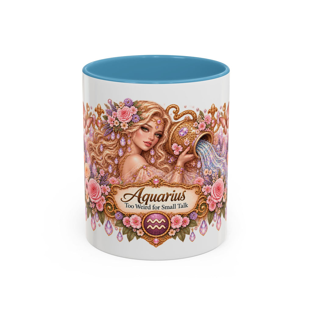 Aquarius Floral Zodiac accent coffee mug, 11oz, white with light blue interior and handle