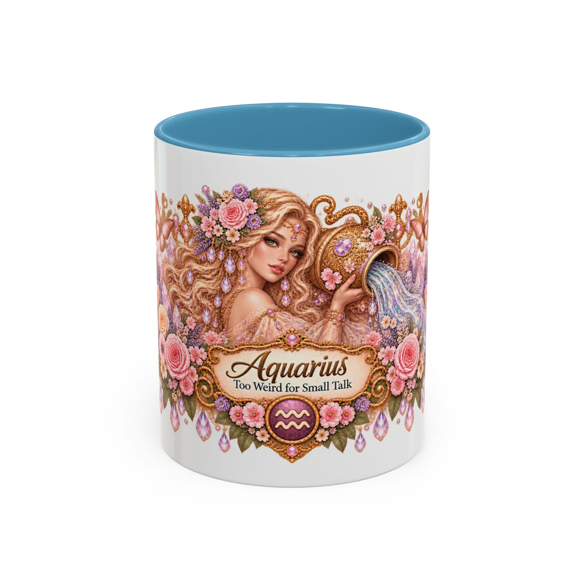Aquarius Floral Zodiac accent coffee mug, 11oz, white with light blue interior and handle