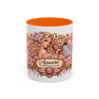 Aquarius Floral Zodiac accent coffee mug, 11oz, white with orange interior and handle