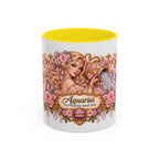Aquarius Floral Zodiac accent coffee mug, 11oz, white with yellow interior and handle