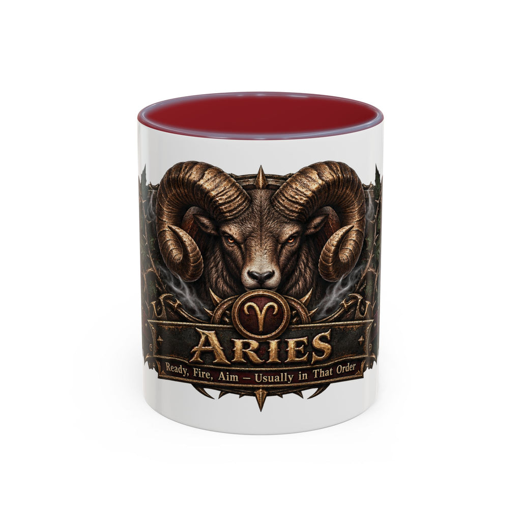 Aries Bronze Zodiac accent coffee mug, 11oz, white with maroon interior and handle