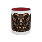 Aries Bronze Zodiac accent coffee mug, 11oz, white with maroon interior and handle