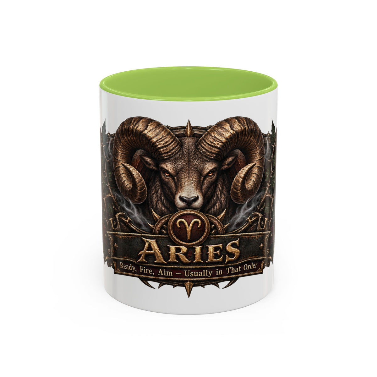 Aries Bronze Zodiac accent coffee mug, 11oz, white with light green interior and handle