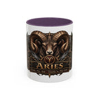 Aries Bronze Zodiac accent coffee mug, 11oz, white with purple interior and handle