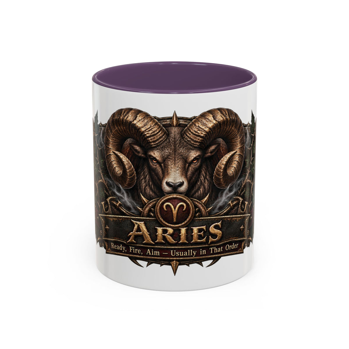Aries Bronze Zodiac accent coffee mug, 11oz, white with purple interior and handle