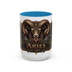 Aries Bronze Zodiac accent coffee mug, 15oz, white with blue interior and handle