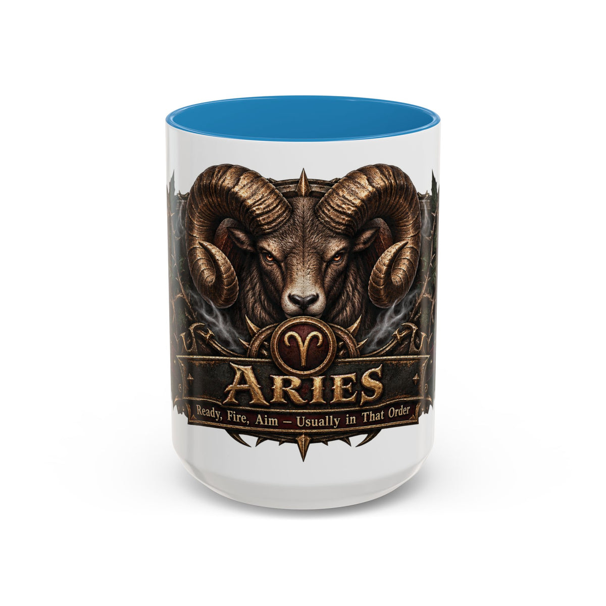 Aries Bronze Zodiac accent coffee mug, 15oz, white with blue interior and handle