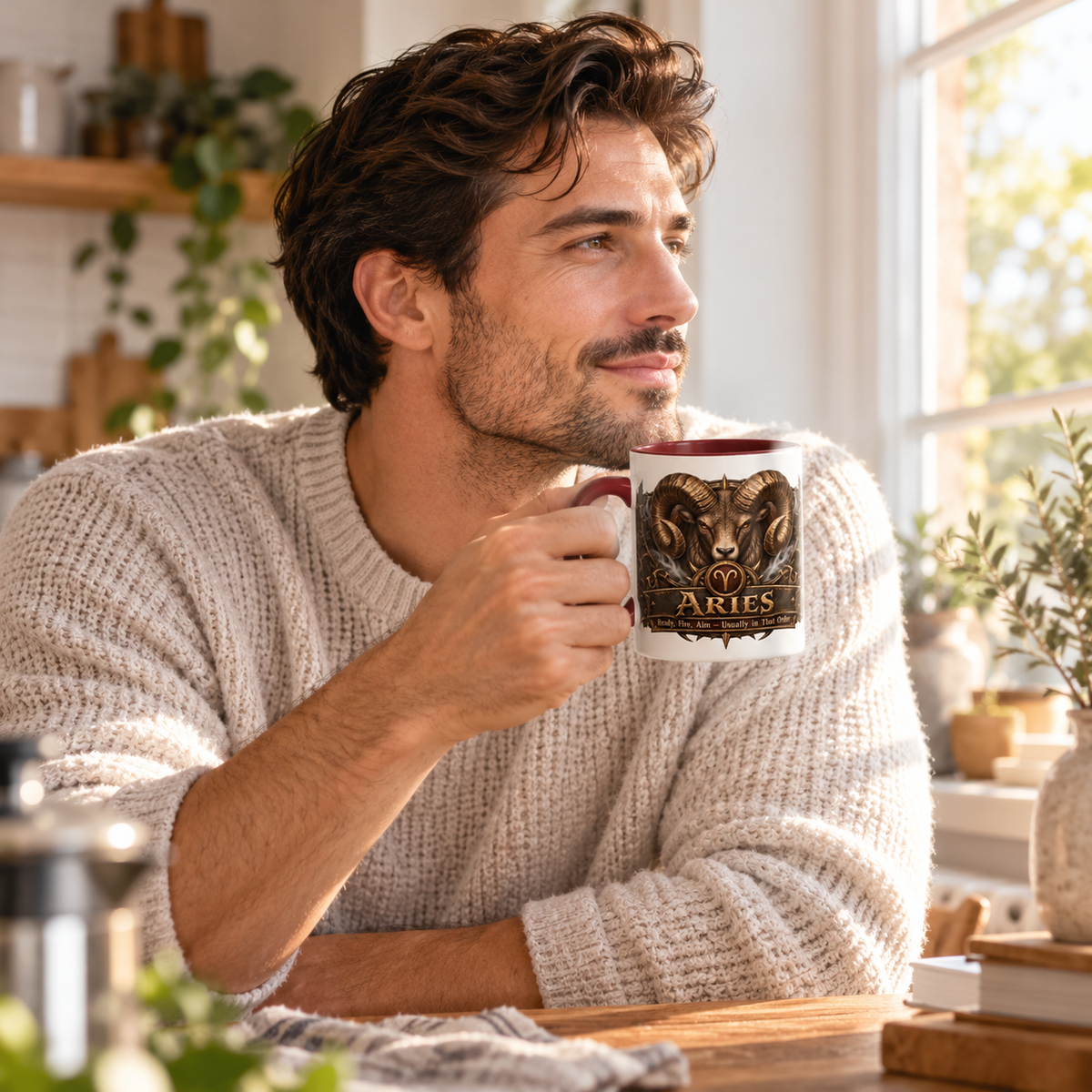 Aries Bronze Zodiac accent coffee mug in a cozy lifestyle photo