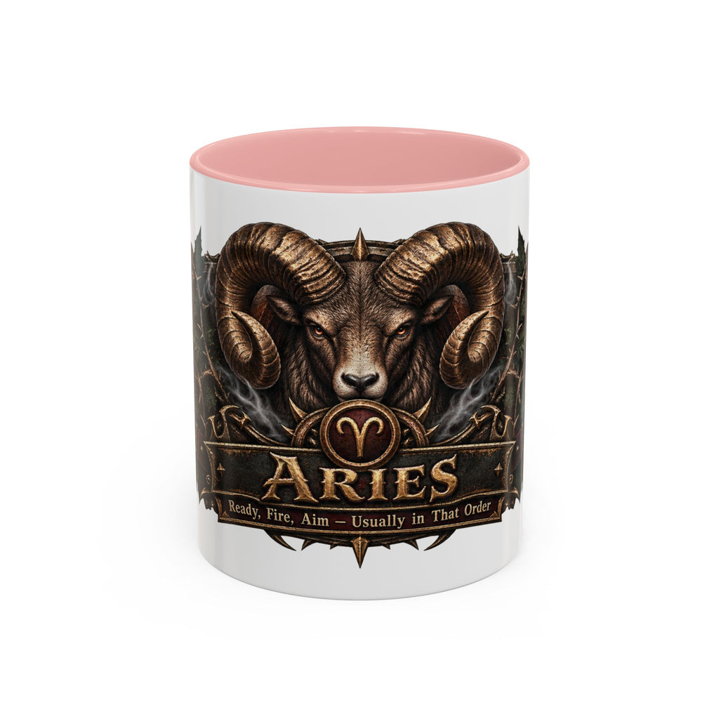 Aries Bronze Zodiac accent coffee mug, 11oz, white with pink interior and handle