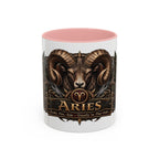 Aries Bronze Zodiac accent coffee mug, 11oz, white with pink interior and handle