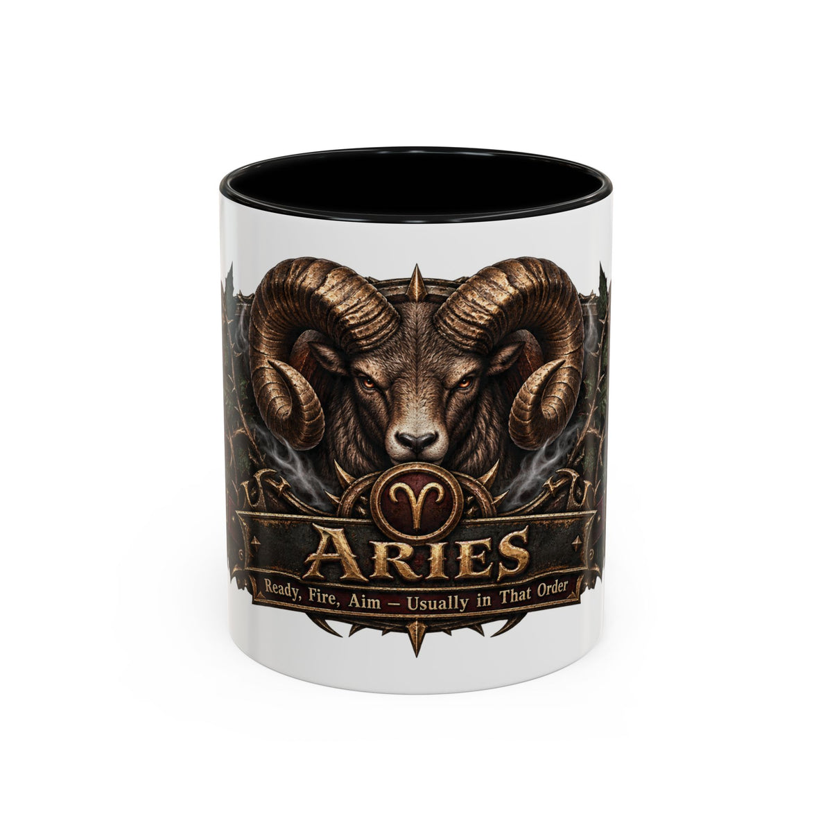 Aries Bronze Zodiac accent coffee mug, 11oz, white with black interior and handle