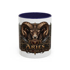 Aries Bronze Zodiac accent coffee mug, 11oz, white with navy interior and handle