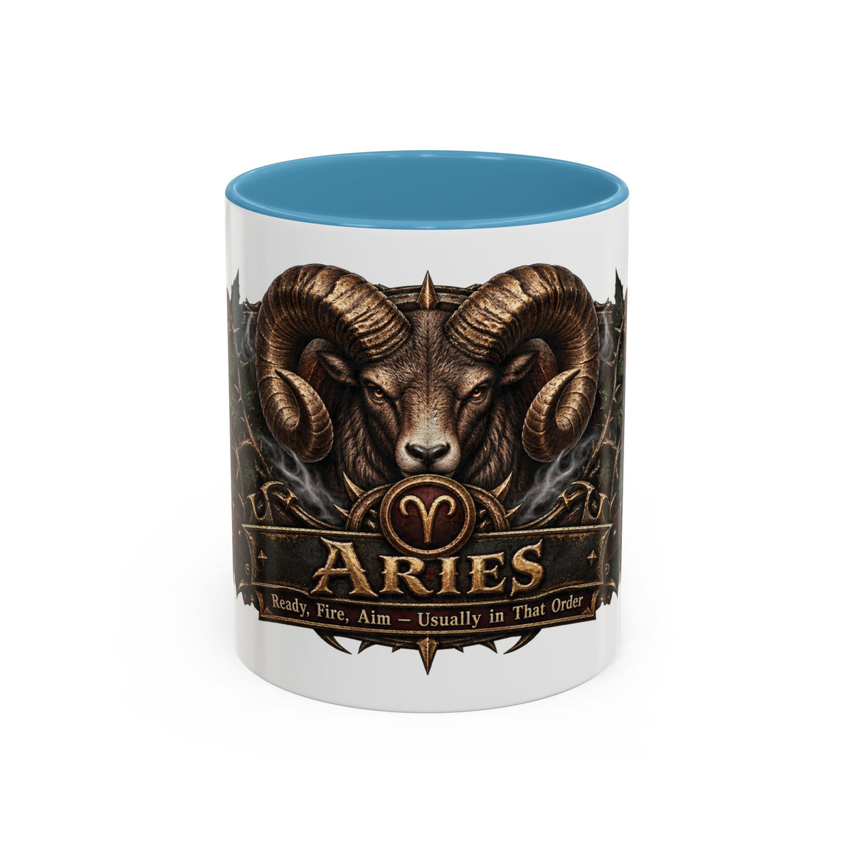 Aries Bronze Zodiac accent coffee mug, 11oz, white with light blue interior and handle