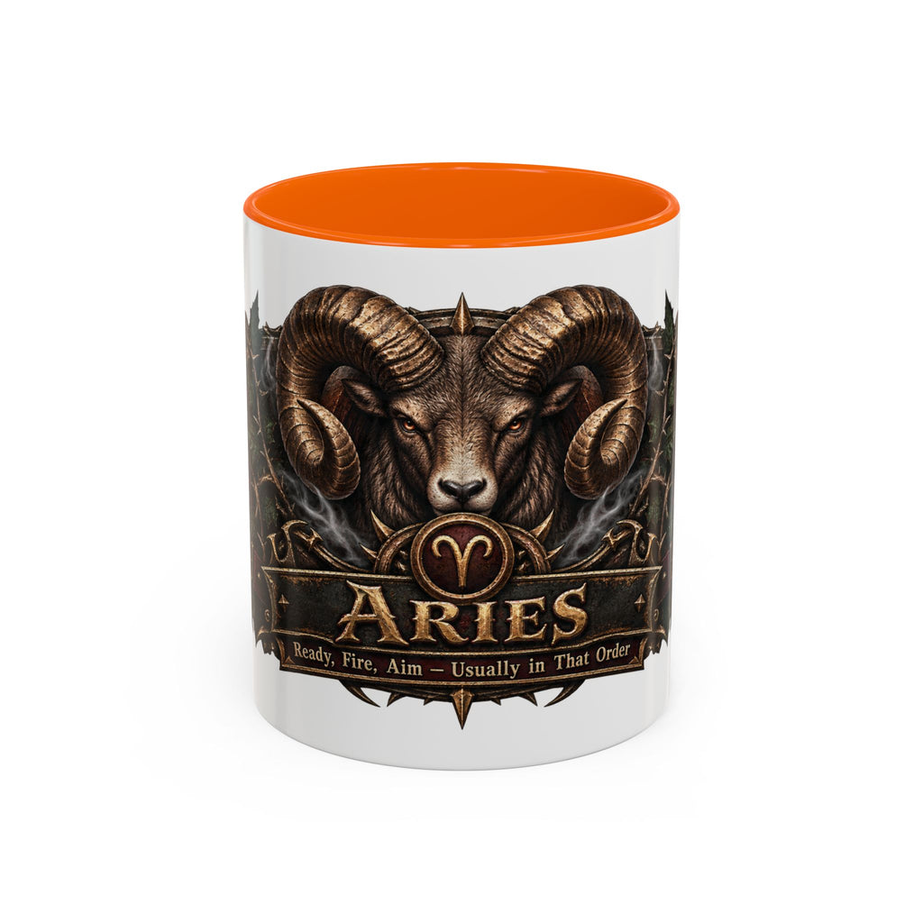 Aries Bronze Zodiac accent coffee mug, 11oz, white with orange interior and handle