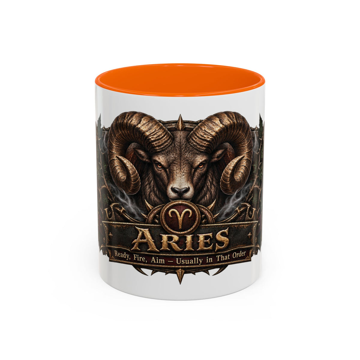 Aries Bronze Zodiac accent coffee mug, 11oz, white with orange interior and handle