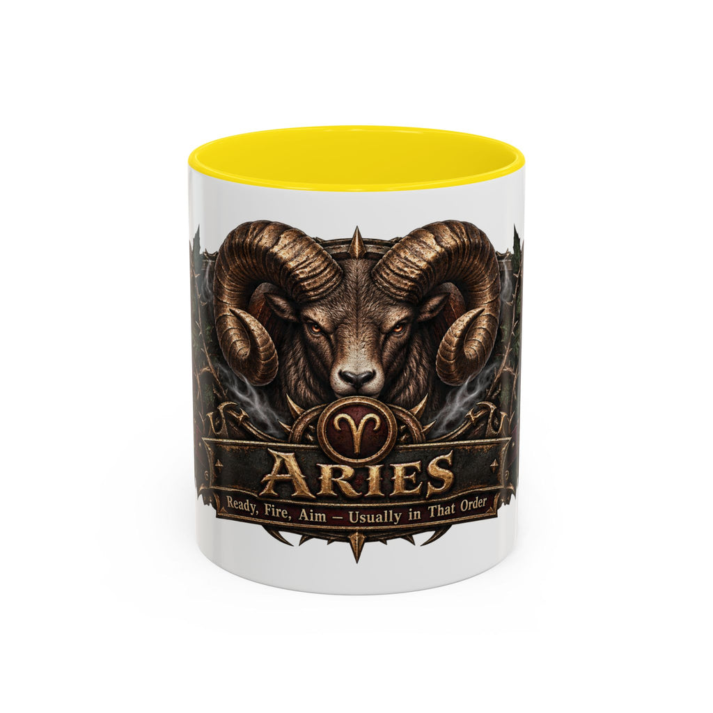 Aries Bronze Zodiac accent coffee mug, 11oz, white with yellow interior and handle