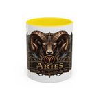 Aries Bronze Zodiac accent coffee mug, 11oz, white with yellow interior and handle