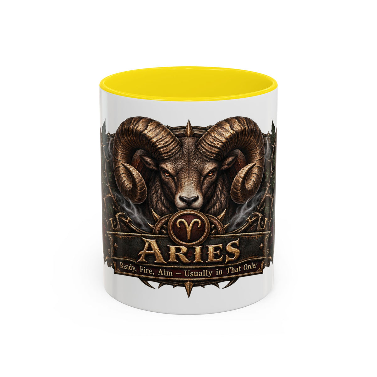 Aries Bronze Zodiac accent coffee mug, 11oz, white with yellow interior and handle