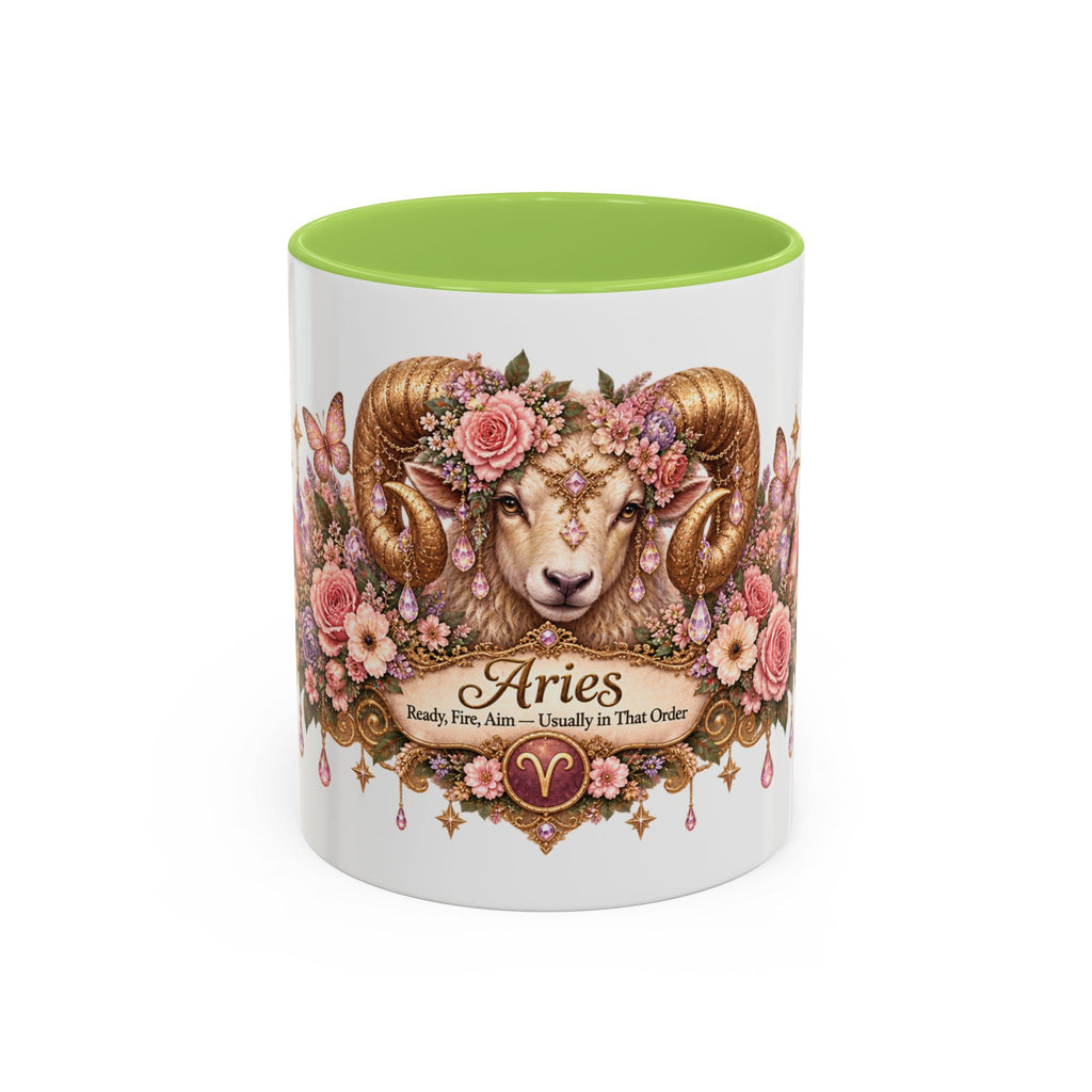 Aries Floral Zodiac accent coffee mug, 11oz, white with light green interior and handle