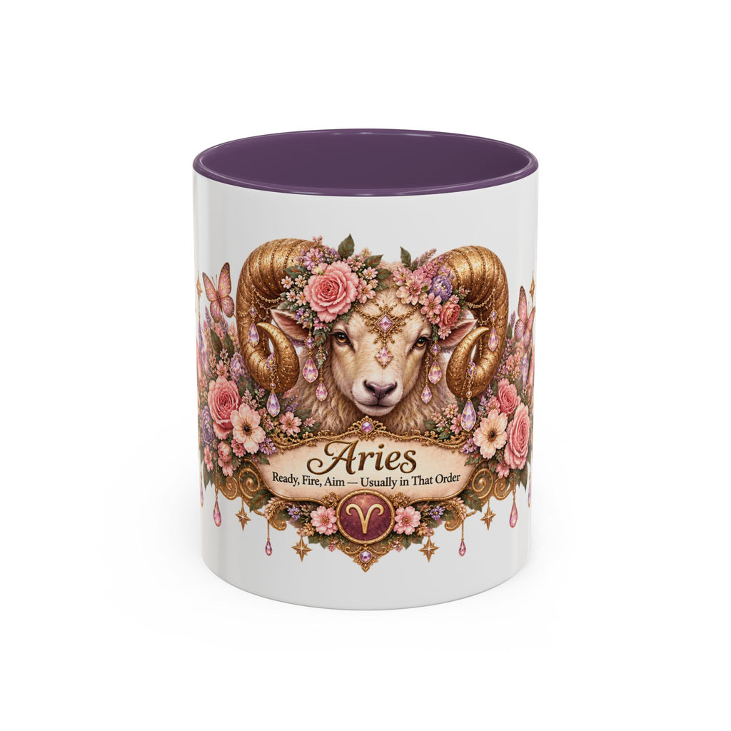 Aries Floral Zodiac accent coffee mug, 11oz, white with purple interior and handle