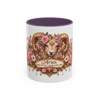 Aries Floral Zodiac accent coffee mug, 11oz, white with purple interior and handle