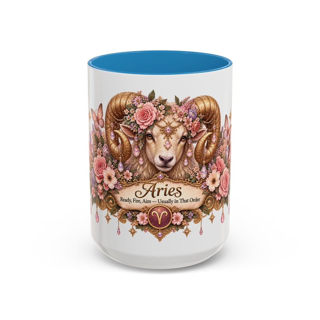 Aries Floral Zodiac accent coffee mug, 15oz, white with blue interior and handle