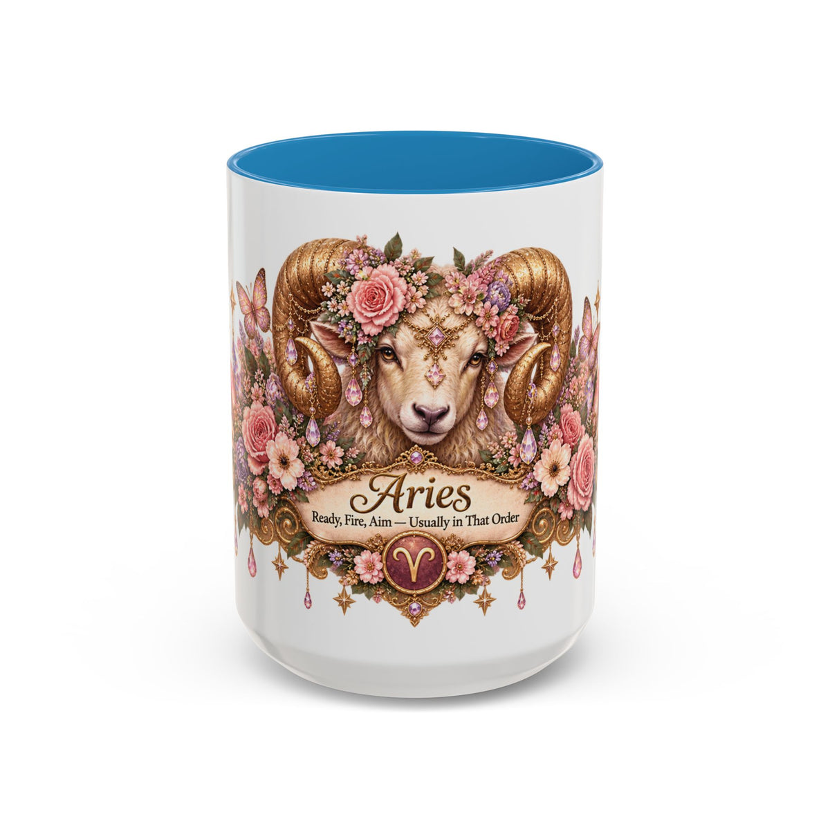 Aries Floral Zodiac accent coffee mug, 15oz, white with blue interior and handle