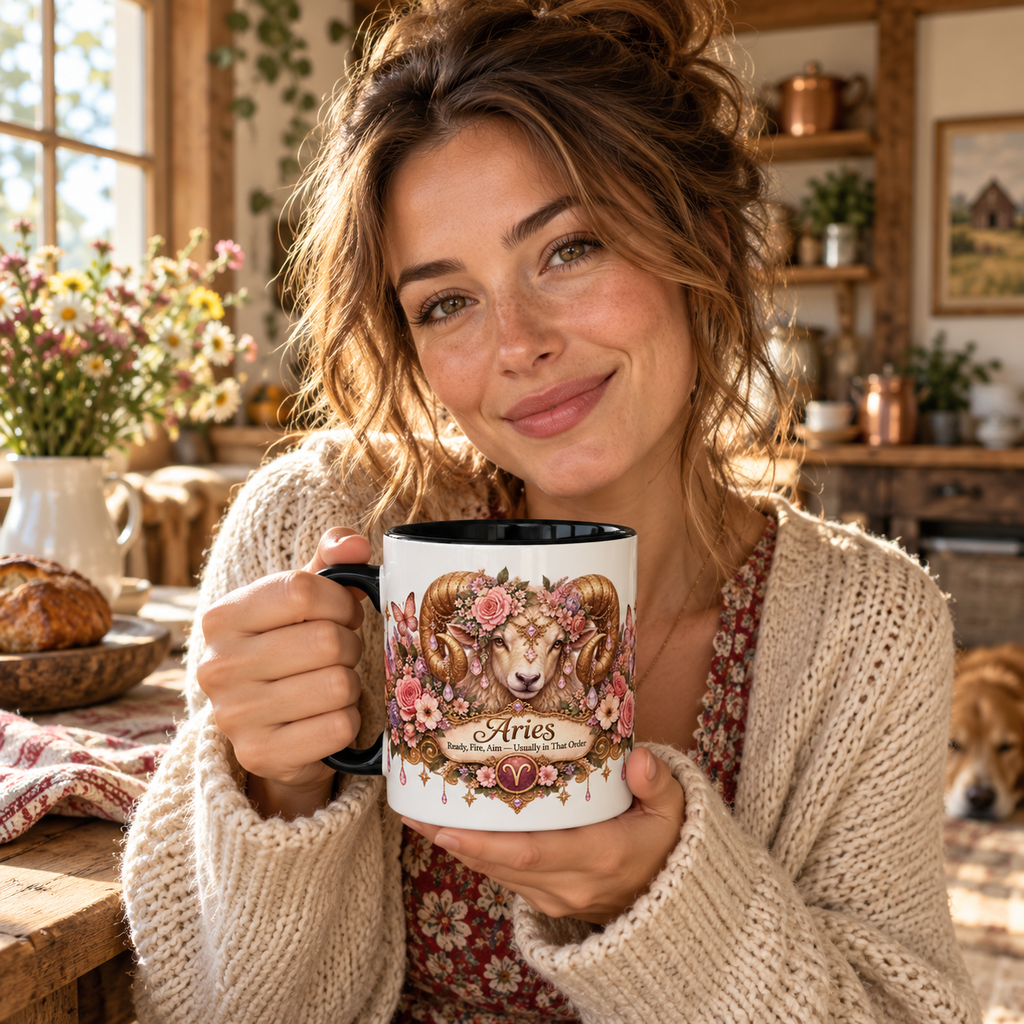 Aries Floral Zodiac accent coffee mug in a cozy lifestyle photo
