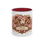 Aries Floral Zodiac accent coffee mug, 11oz, white with maroon interior and handle