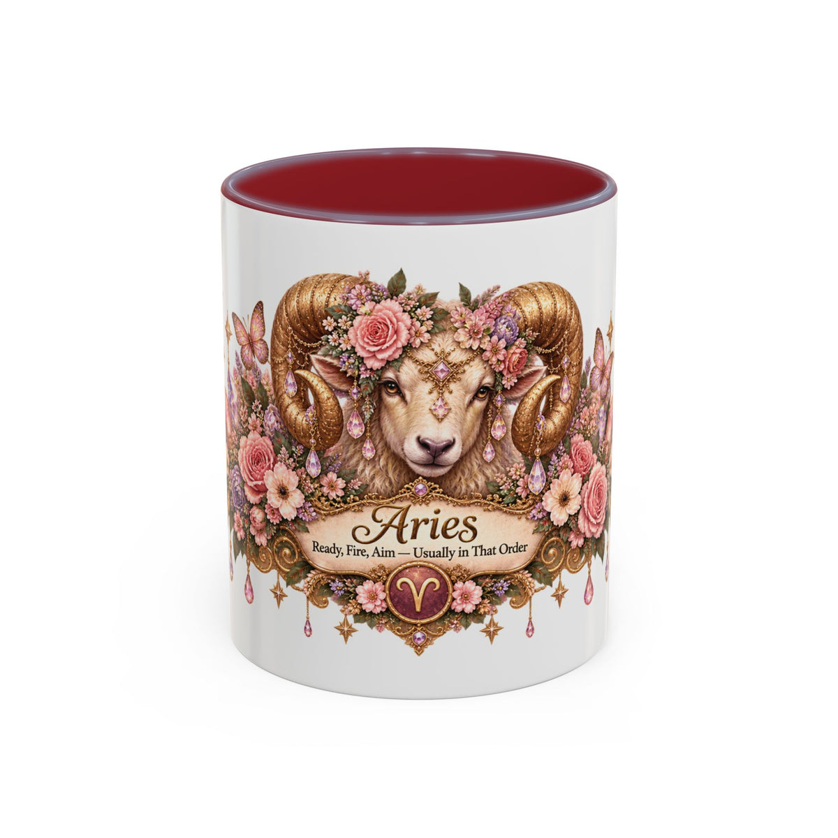 Aries Floral Zodiac accent coffee mug, 11oz, white with maroon interior and handle