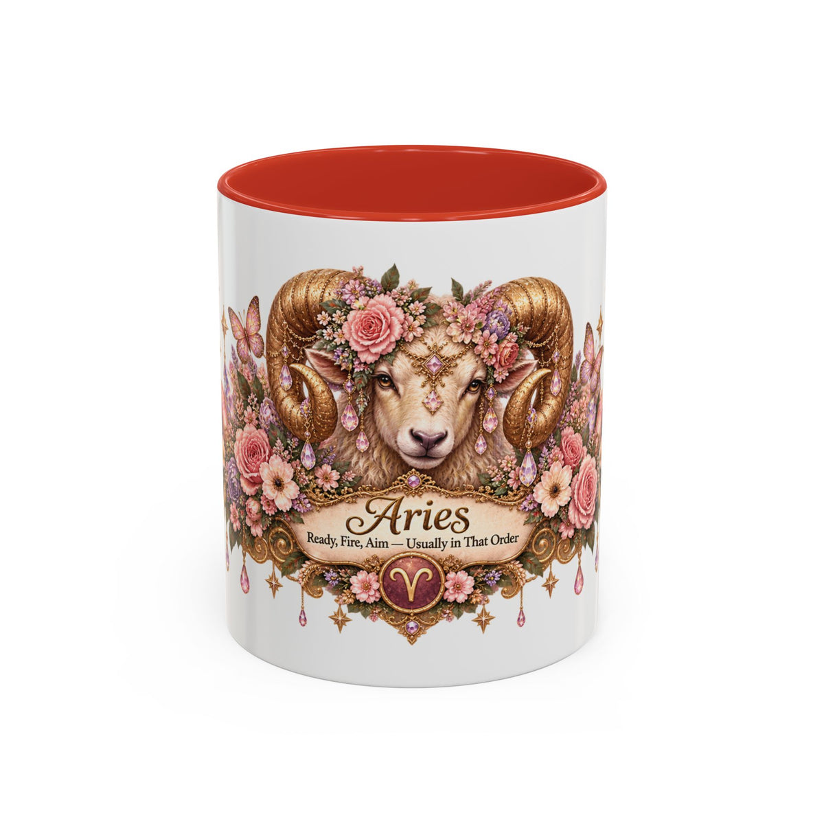 Aries Floral Zodiac accent coffee mug, 11oz, white with red interior and handle