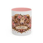 Aries Floral Zodiac accent coffee mug, 11oz, white with pink interior and handle