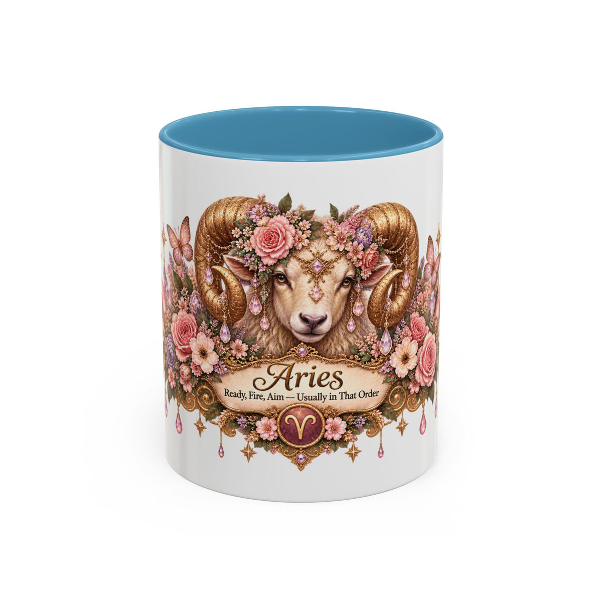 Aries Floral Zodiac accent coffee mug, 11oz, white with light blue interior and handle