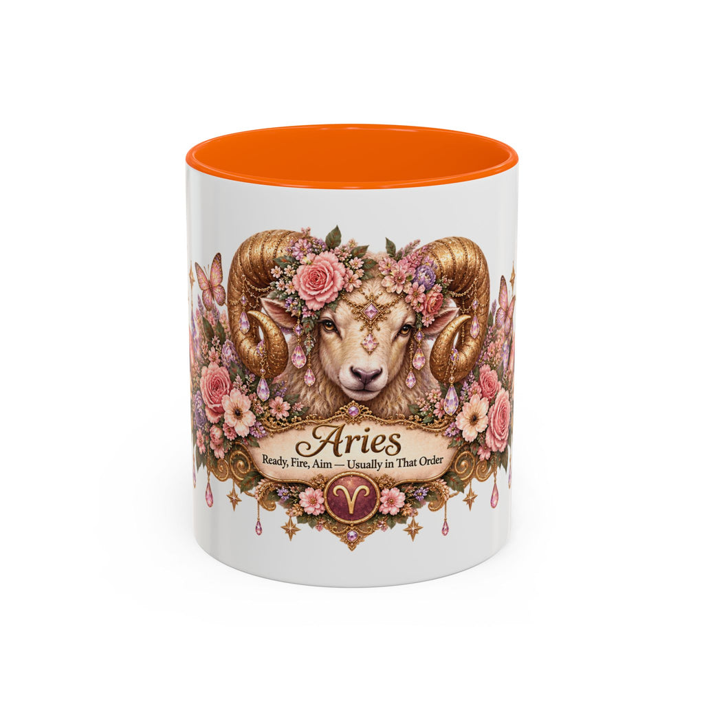 Aries Floral Zodiac accent coffee mug, 11oz, white with orange interior and handle