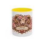 Aries Floral Zodiac accent coffee mug, 11oz, white with yellow interior and handle