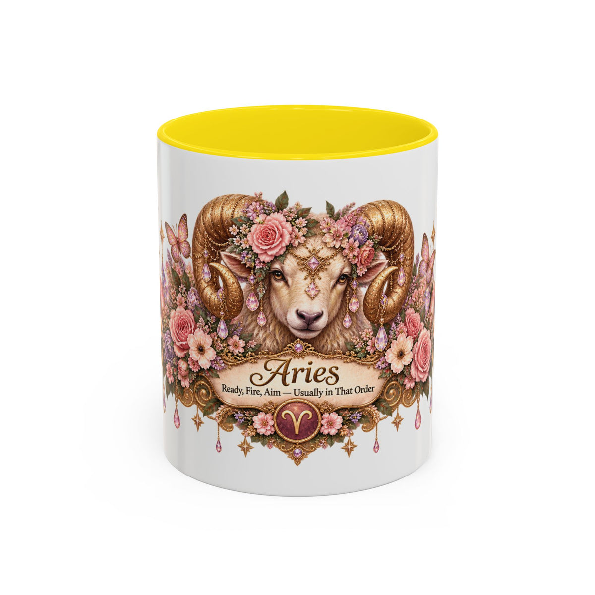 Aries Floral Zodiac accent coffee mug, 11oz, white with yellow interior and handle
