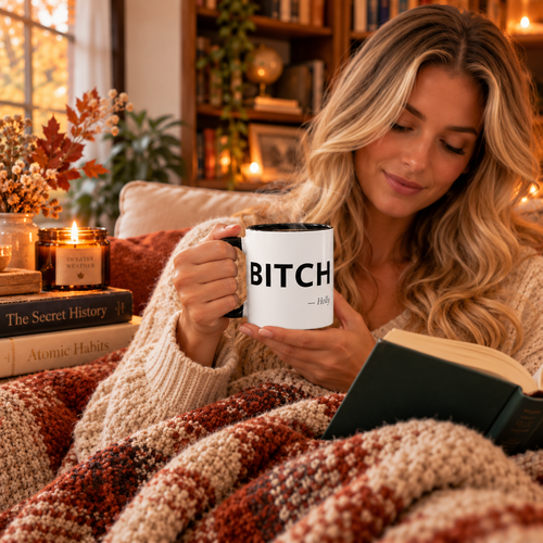 Bitch personalized accent coffee mug in a cozy lifestyle photo