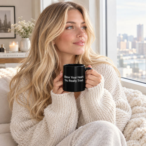 Bless Your Heart, You Really Tried black coffee mug in a cozy lifestyle photo