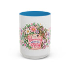 Blooming Where I'm Petty accent coffee mug, 15oz, white with blue interior and handle