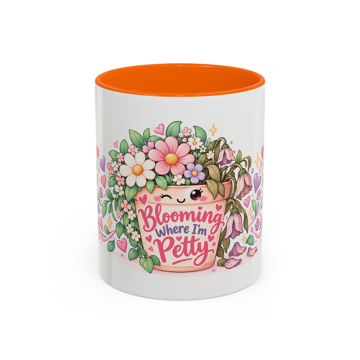 Blooming Where I'm Petty accent coffee mug, 11oz, white with orange interior and handle